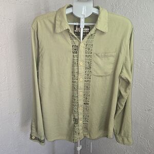 Hinano Tahiti  Olive Green Casual Button Down Shirt Embroidered Travel Hawaiian